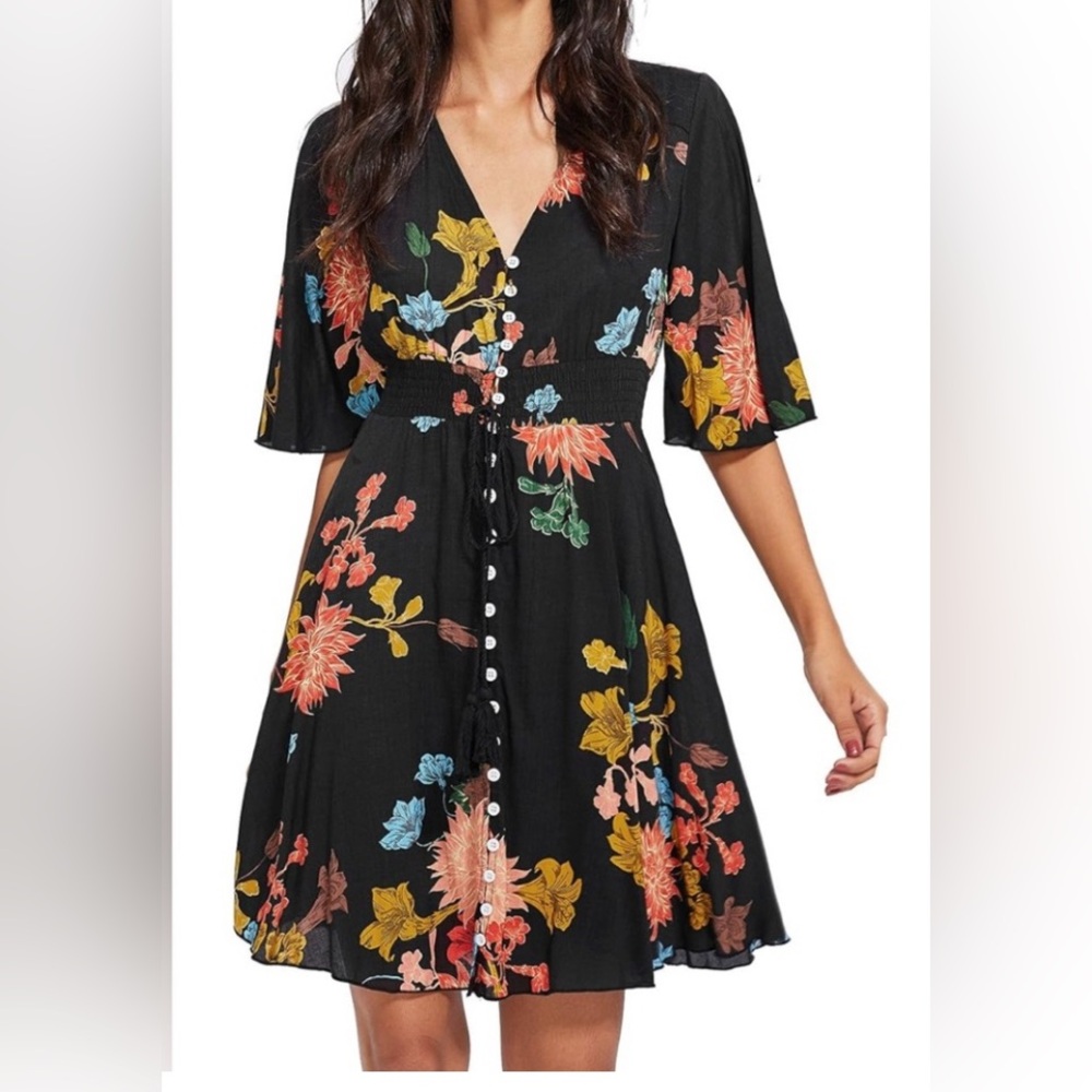 Floral 🖤 Mini Dress Boho Black Medium